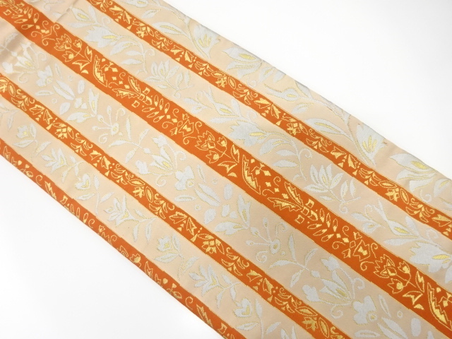 縞に花更紗模様織り出し　名古屋帯